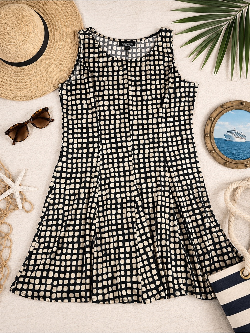 Perceptions New York Sleeveless Fit Flare Dress Womens Large Black Beige